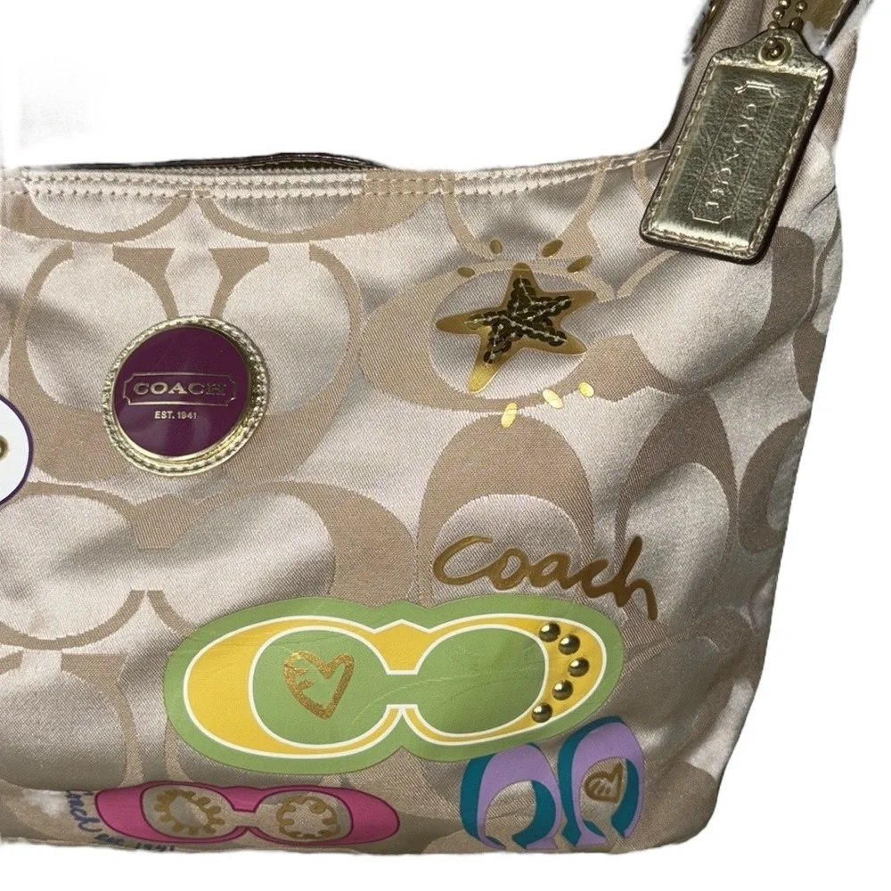 COACH Poppy Khaki Sateen Logo Multicolor Applique Shoulder Hobo Bag - F17586
